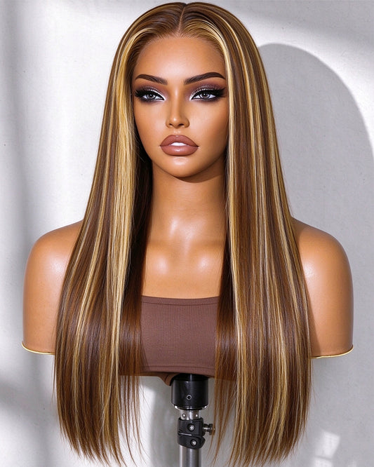 Sunlit 4/27 Highlight Straight 5×6 Pre-Cut Transparent Lace Glueless Wig